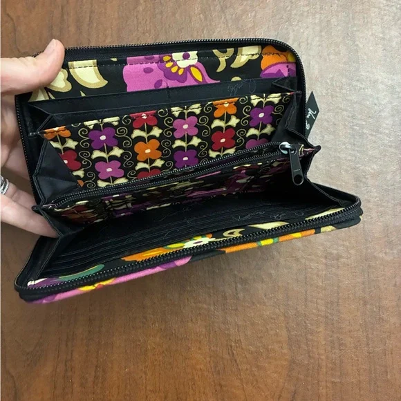 Vera Bradley Floral Suzani Pattern Black, Orange and Purple Wallet - Picture 7 of 9